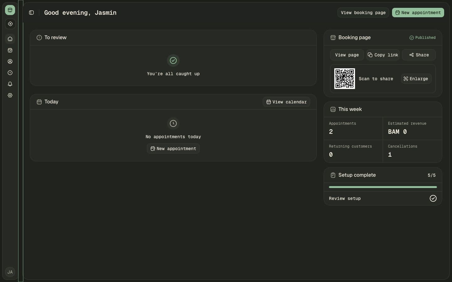 The real Otter Book business dashboard showing today's operations, booking-page status, and weekly summary